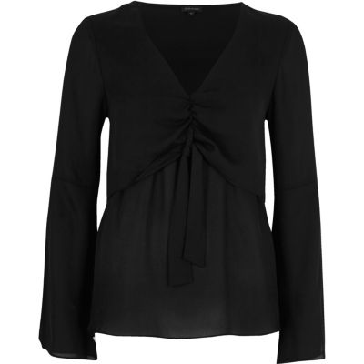 Black layered tie front blouse